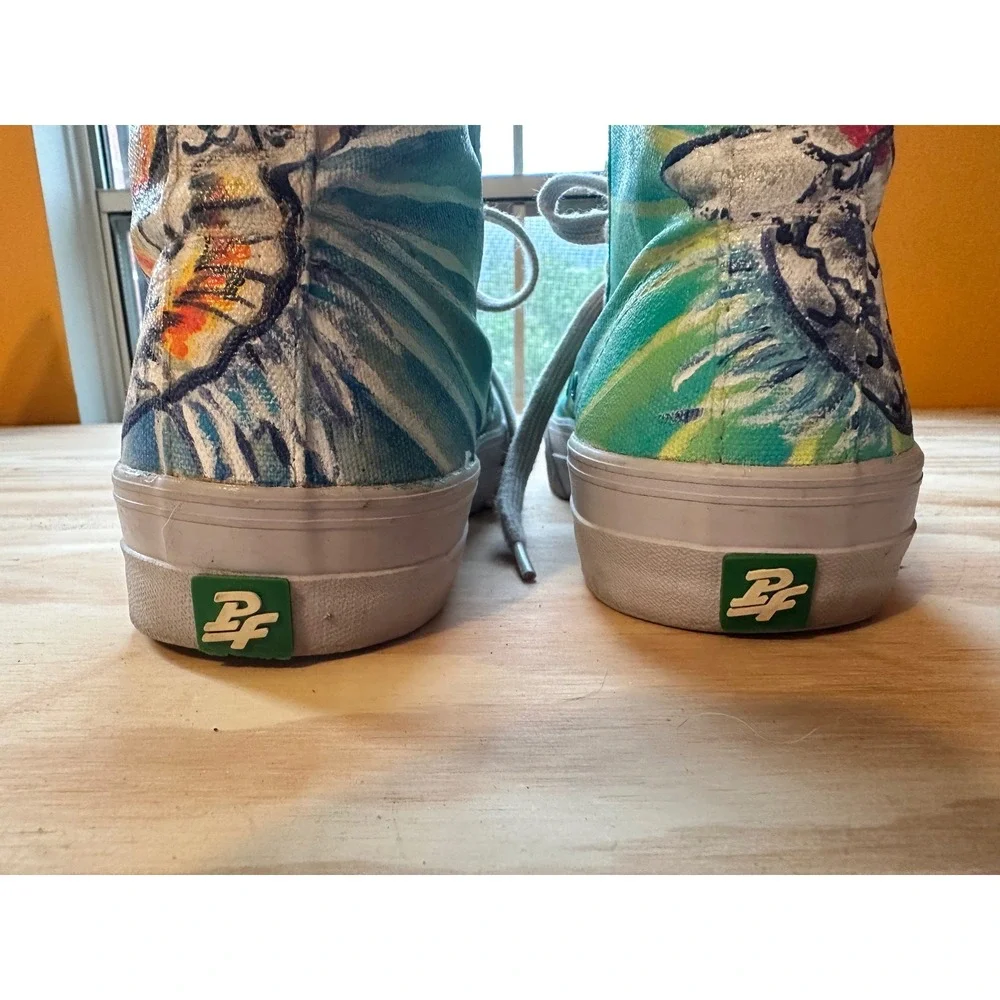 PF Flyers Center Hi Top Sneakers Women 9.5 Blue Green Koi Fish Wave Print Canvas